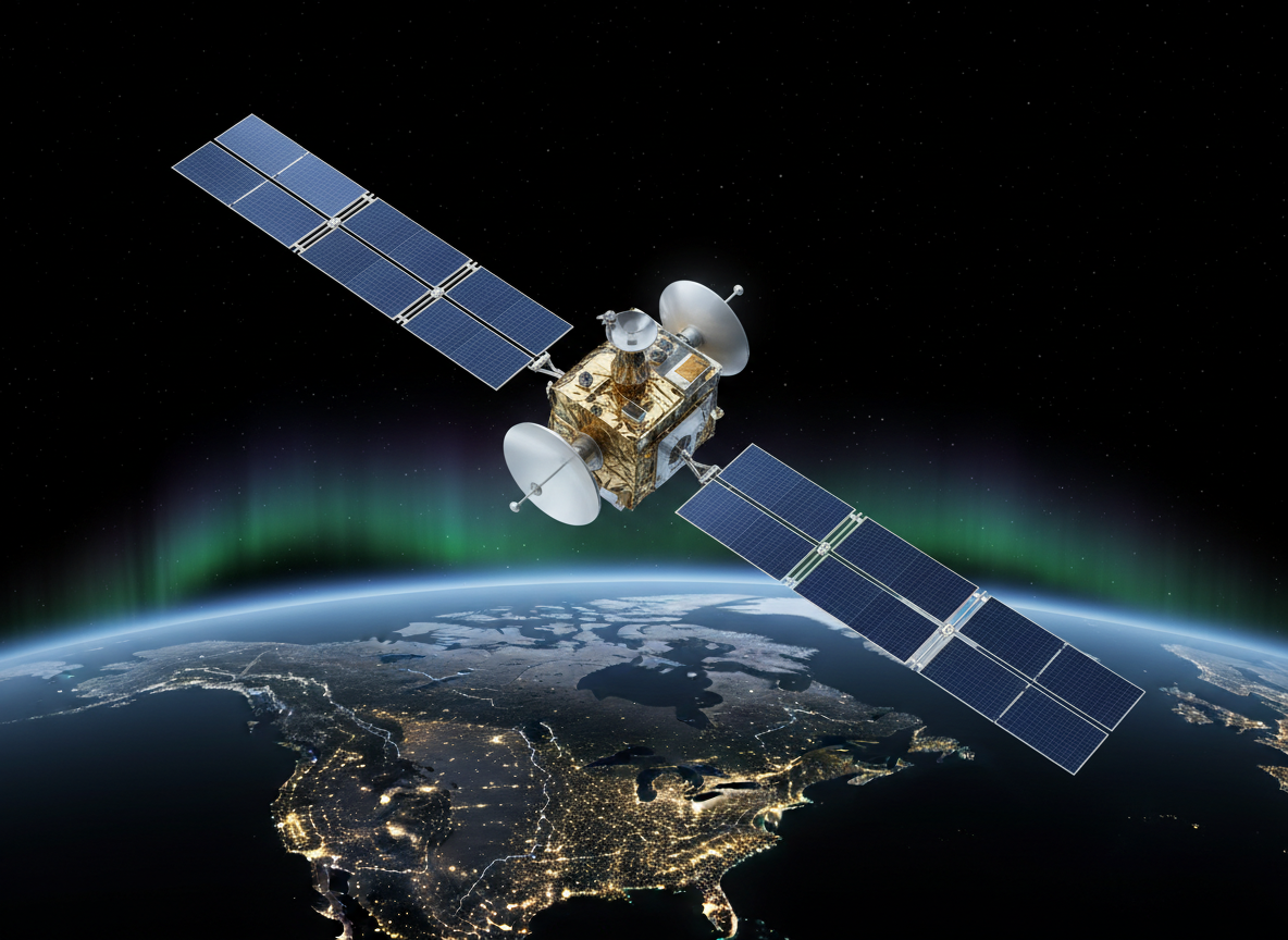 A high-fidelity telecommunications satellite in low Earth orbit above a detailed map-like view of Canada at night, metallic panels and white antenna arrays gleaming against the deep navy of space. The satellite’s solar panels stretch wide, reflecting faint starlight, while below, crisp constellations of city lights trace the Canadian landscape from coast to coast. Subtle aurora borealis hues ripple near the horizon. The scene is lit by soft, cool rim lighting from the sun just beyond the frame, creating precise highlights along the satellite’s edges. Photographic realism, captured from a slightly elevated three-quarter angle, with sharp focus on the satellite and a gentle falloff in detail across the curved Earth, conveying reliability, coverage, and professional assurance.