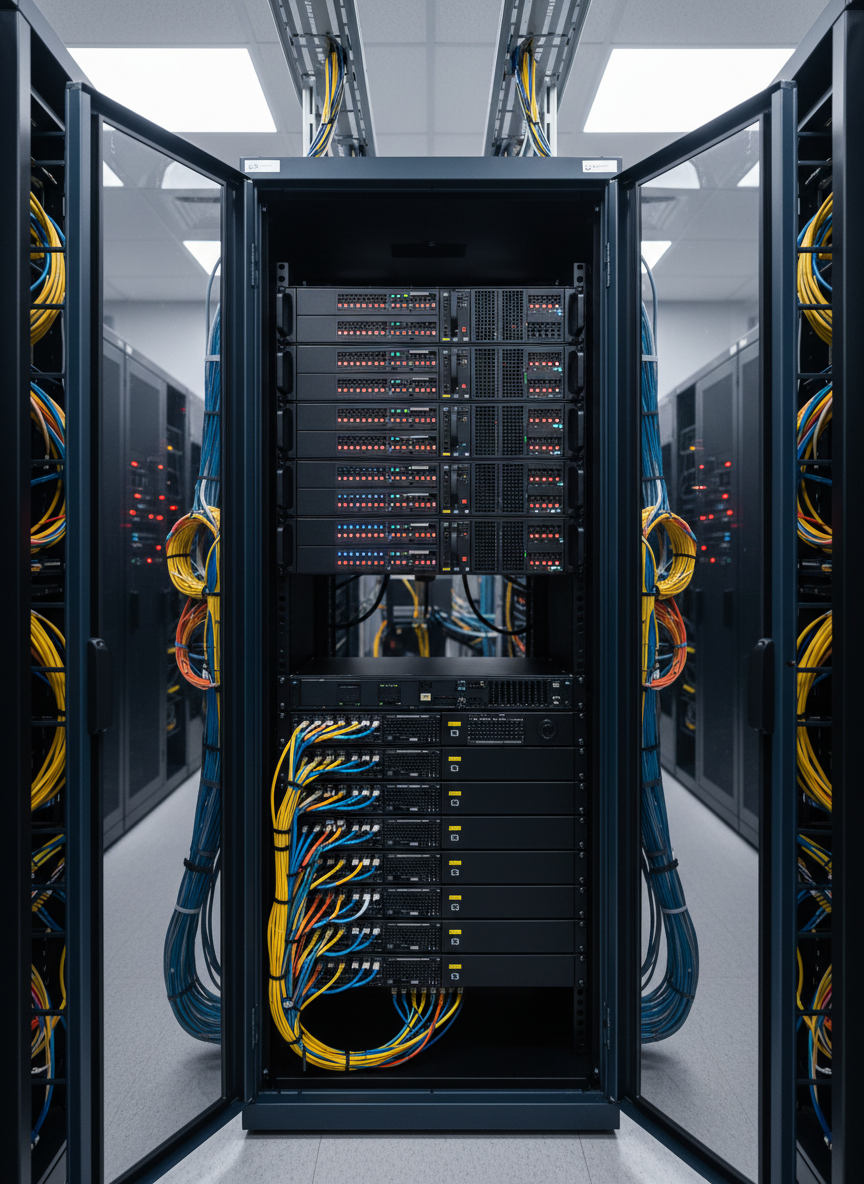 A sleek, dark-blue communications rack inside a climate-controlled satellite network operations room, filled with neatly arranged servers, blinking status LEDs, and labeled fiber-optic connections. Coiled cables are meticulously routed along cable trays, their colored sheathing adding subtle accents against matte black hardware. Cool, indirect LED ceiling lights provide even, neutral illumination, with faint reflections on brushed metal panels and glass doors. Photographic realism in a symmetrical, centered composition, shot at eye level with a slight depth of field so the front equipment is tack-sharp while the back gradually softens. The atmosphere is highly professional, orderly, and secure, highlighting reliability, uptime, and advanced satellite communications infrastructure without any human presence.