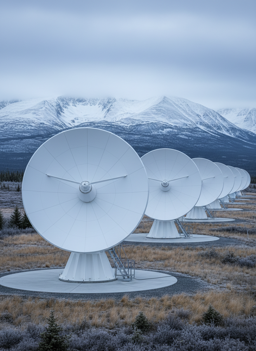 A modern satellite ground station nestled in a remote Canadian landscape, featuring a cluster of large white parabolic satellite dishes precisely aligned toward the sky. The dishes sit on clean concrete pads surrounded by short, frost-tipped grass and sparse evergreens, with distant snow-capped mountains lining the horizon. Early morning overcast light creates soft, even illumination with muted blue-gray tones, minimizing harsh shadows and emphasizing smooth dish surfaces and fine structural details. Photographic realism from an eye-level perspective, using a wide-angle composition that leads the viewer’s eye from the foreground dish to smaller dishes receding into the distance. The mood is calm, professional, and dependable, reflecting robust nationwide connectivity in challenging environments.