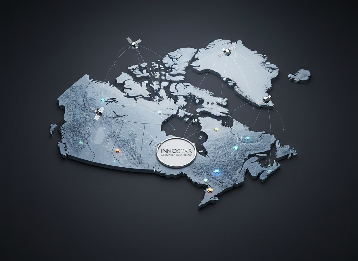 A detailed overhead view of a stylized, three-dimensional map of Canada laid out on a dark, matte surface, with tiny metallic satellite icons hovering just above major regions, each emitting faint, translucent connection beams. Small illuminated markers represent remote communities, offshore platforms, forests, and northern territories, all linked by subtle glowing arcs that converge into a central, polished emblem reading “INNOSTAR COMMUNICATIONS”. Soft, controlled studio lighting from above creates gentle highlights on the metallic markers and a clean gradient on the background. Photographic realism with a slightly elevated camera angle and moderate depth of field, keeping the entire map crisp. The composition feels modern, precise, and corporate, symbolizing seamless nationwide coverage and connection from space.
