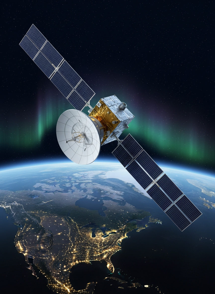 A high-fidelity telecommunications satellite in low Earth orbit above a detailed map-like view of Canada at night, metallic panels and white antenna arrays gleaming against the deep navy of space. The satellite’s solar panels stretch wide, reflecting faint starlight, while below, crisp constellations of city lights trace the Canadian landscape from coast to coast. Subtle aurora borealis hues ripple near the horizon. The scene is lit by soft, cool rim lighting from the sun just beyond the frame, creating precise highlights along the satellite’s edges. Photographic realism, captured from a slightly elevated three-quarter angle, with sharp focus on the satellite and a gentle falloff in detail across the curved Earth, conveying reliability, coverage, and professional assurance.