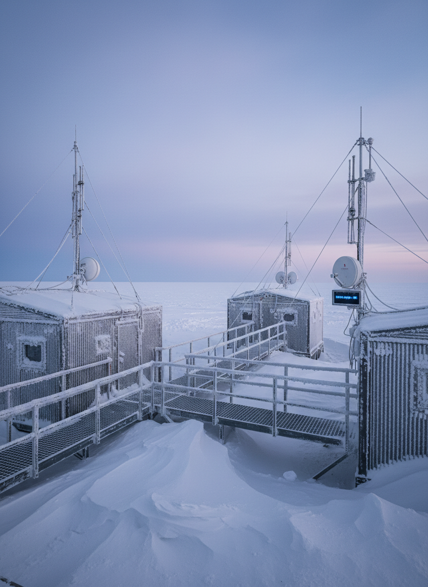 A rugged polar research outpost on Canada’s northern coastline, its low-profile modular buildings linked by elevated walkways, each topped with compact satellite dishes and high-gain antennas pointing toward the sky. Ice-encrusted railings, snowdrifts sculpted by wind, and a frozen ocean stretch to the horizon. The sky glows with the muted blues and pinks of polar twilight, with soft, diffused light that gently outlines the hardware and crisp textures of snow and ice. Photographic realism from a slightly low, wide-angle view that emphasizes the harsh environment and the outpost’s resilient communications gear. The mood is resilient and pioneering, conveying reliable satellite connectivity even at the edge of Canada’s Arctic frontier.